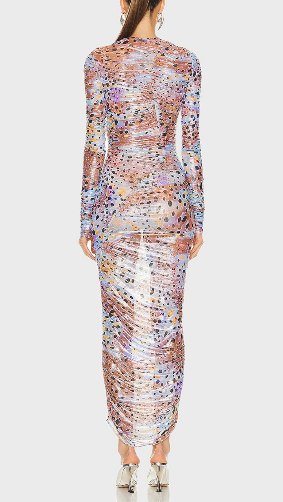 LONG SLEEVE MIDI DRESS IN SHEER BLACK DOTS SILVER