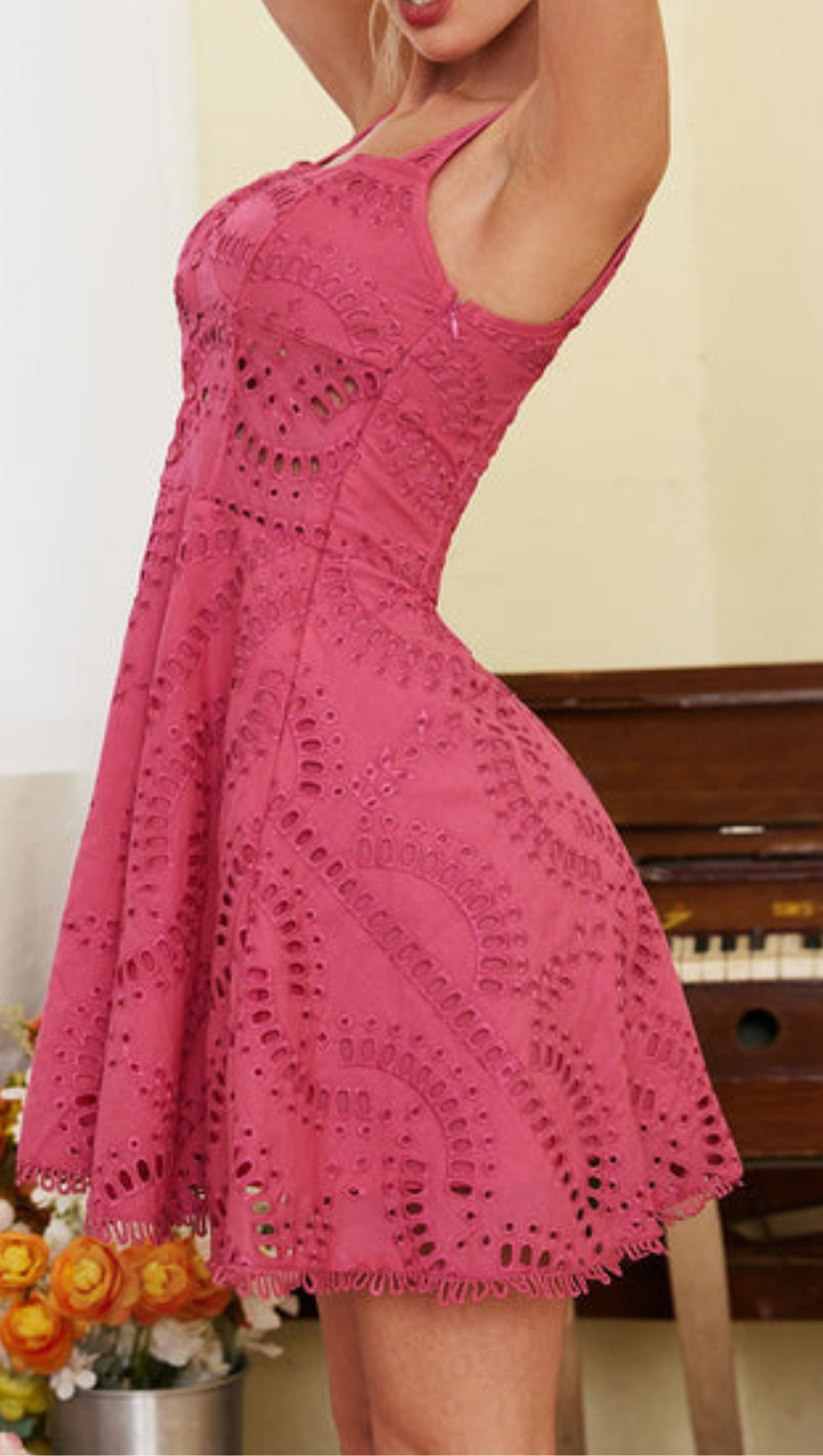 EMBROIDERED HOLLOW MINI DRESS IN HOT PINK