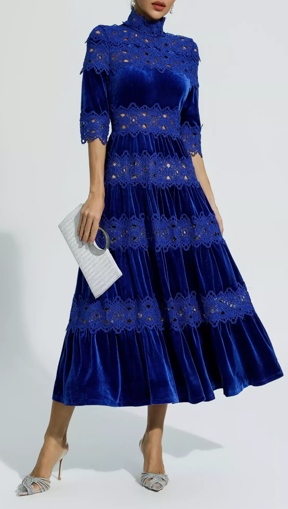 HOLLOW PATCHWORK VELVET DRESS IN BLUE