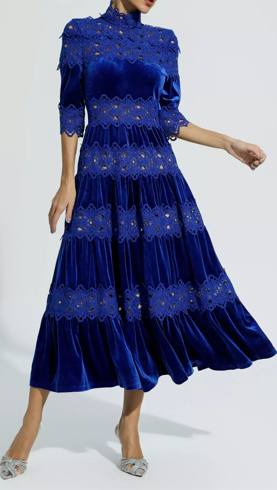 HOLLOW PATCHWORK VELVET DRESS IN BLUE