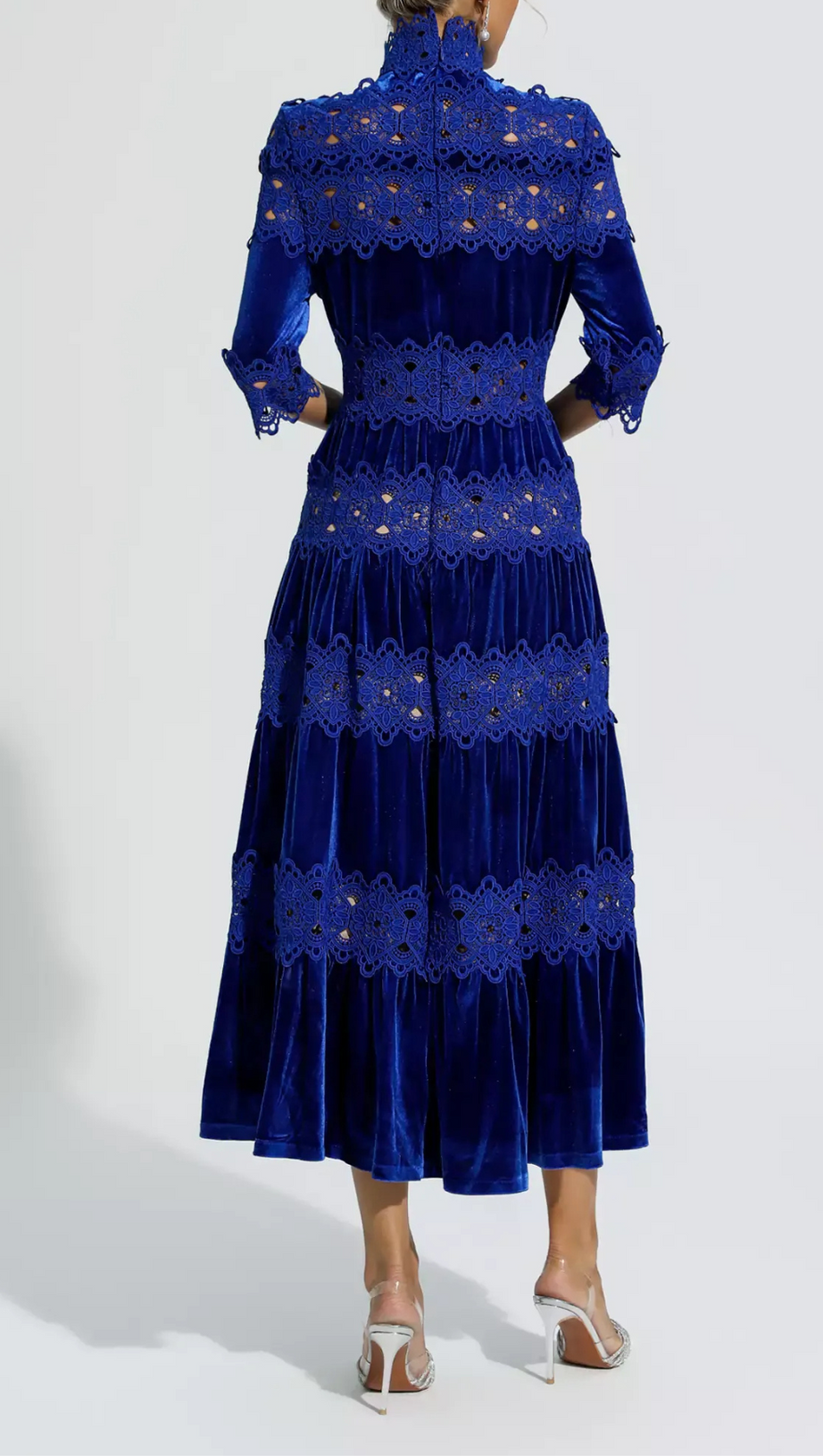 HOLLOW PATCHWORK VELVET DRESS IN BLUE