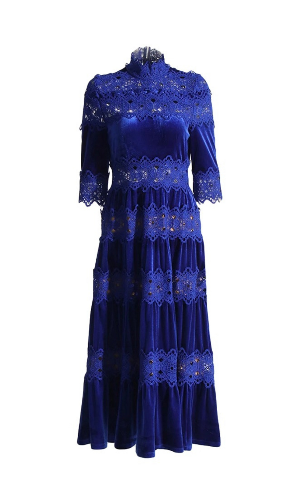 HOLLOW PATCHWORK VELVET DRESS IN BLUE