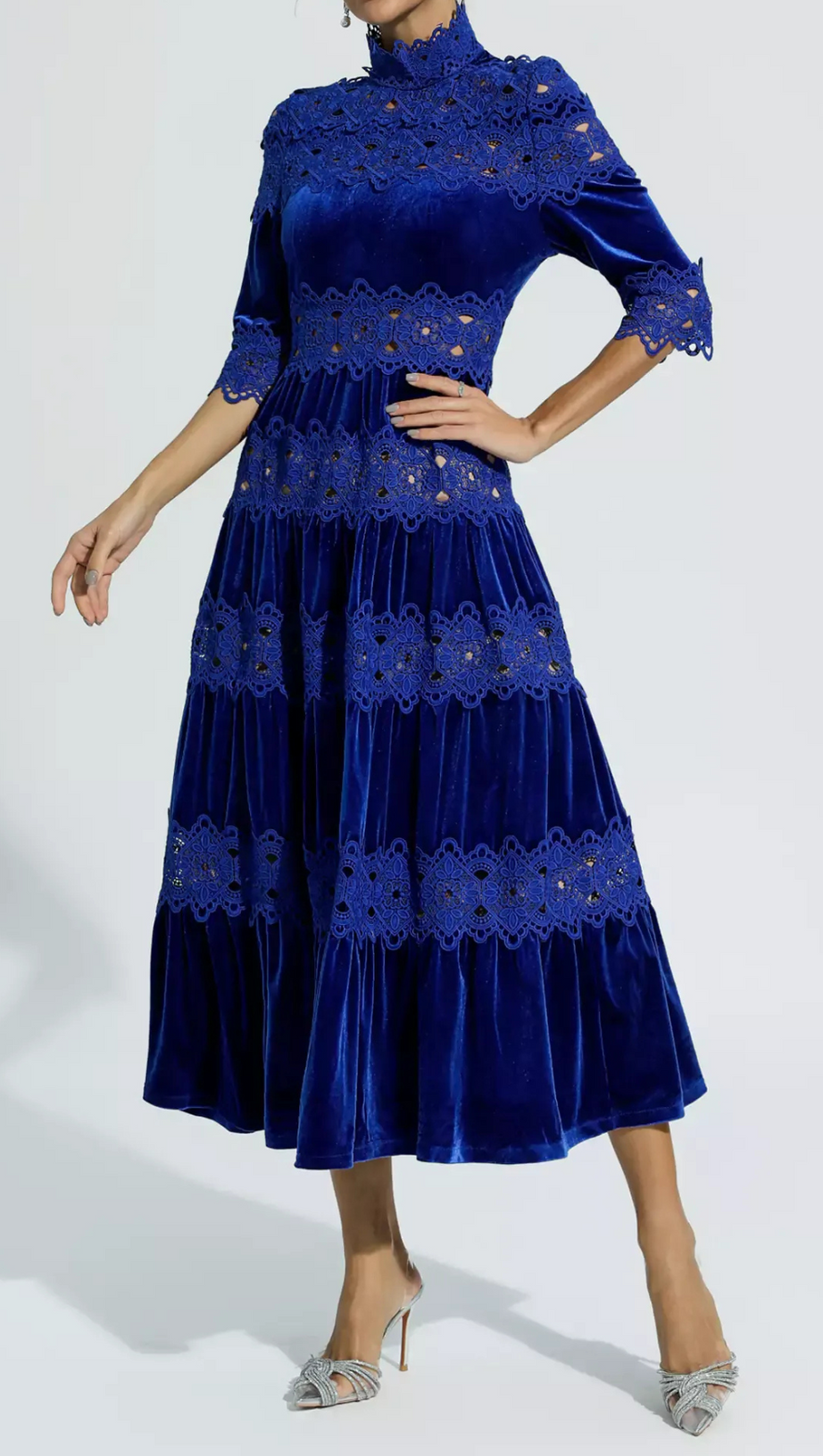 HOLLOW PATCHWORK VELVET DRESS IN BLUE