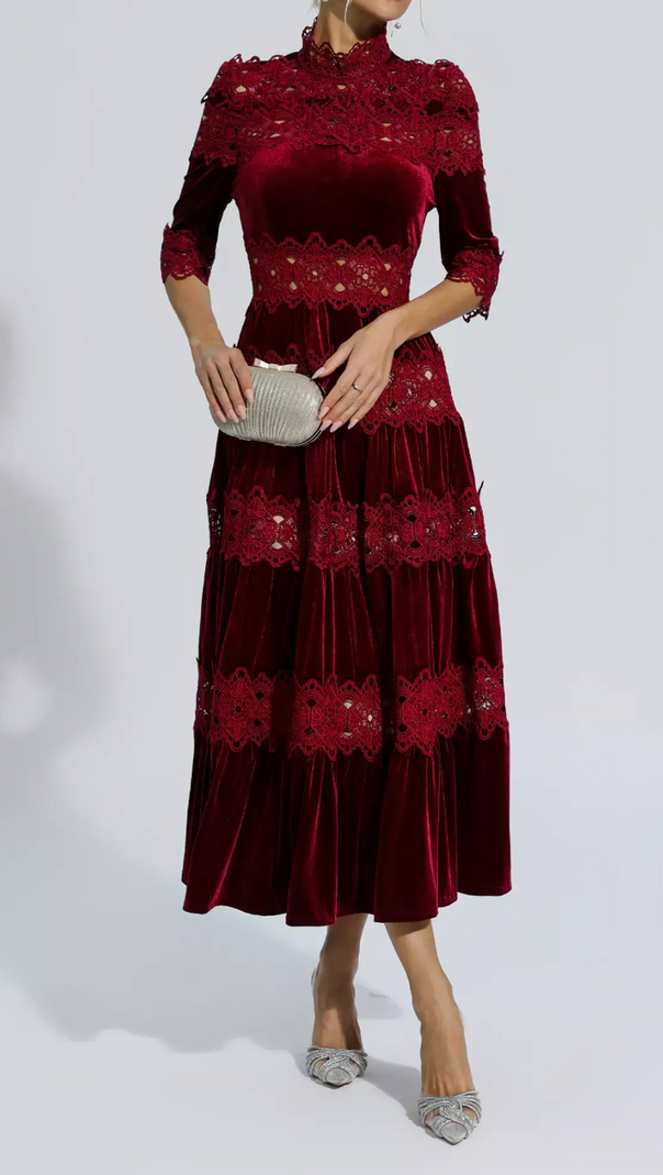 AIIZIE HOLLOW PATCHWORK VELVET DRESS IN RED - product image