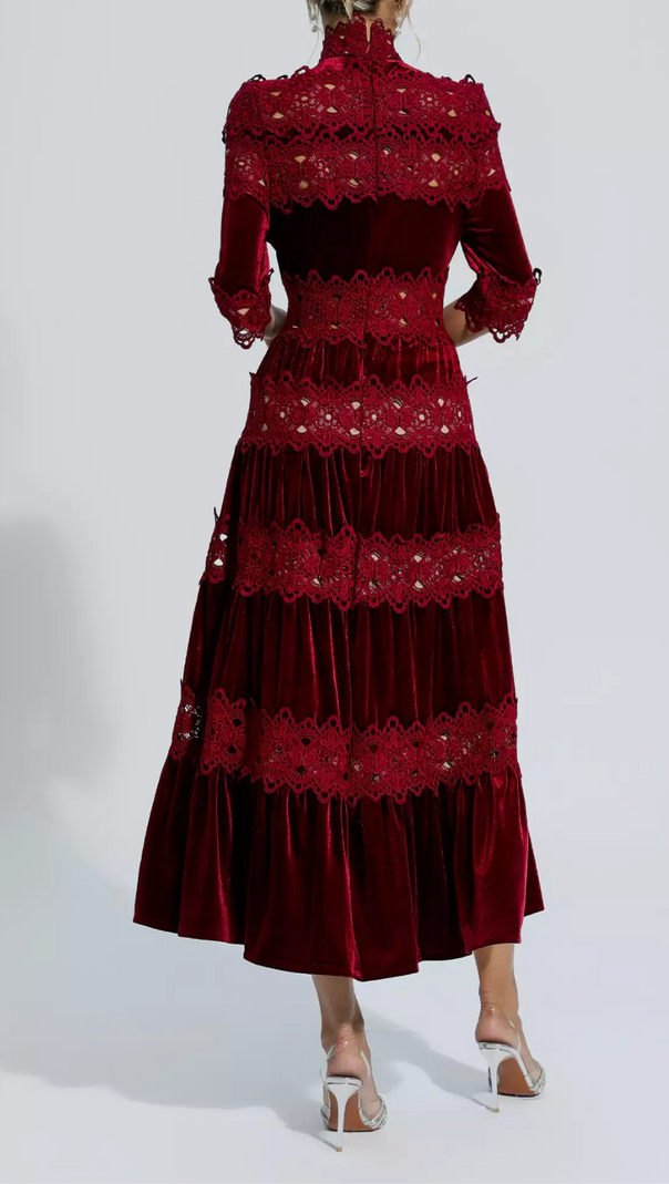 AIIZIE HOLLOW PATCHWORK VELVET DRESS IN RED - product image