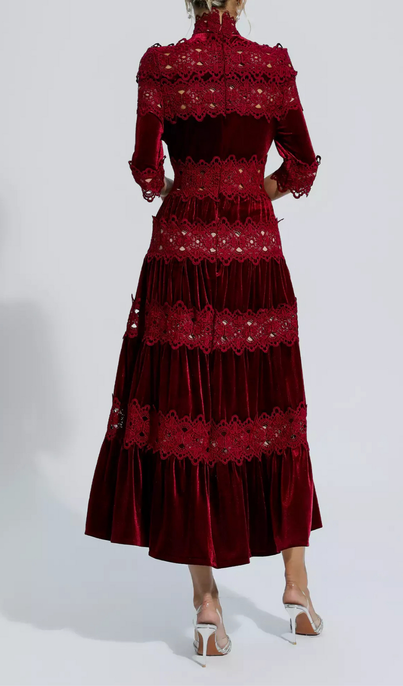 HOLLOW PATCHWORK VELVET DRESS IN RED