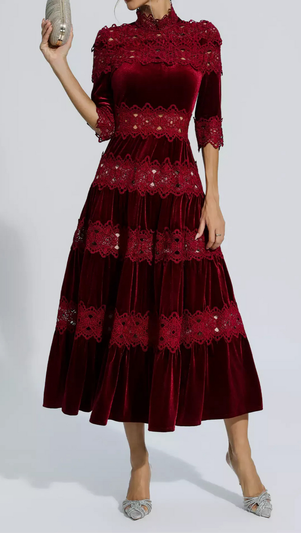 AIIZIE HOLLOW PATCHWORK VELVET DRESS IN RED - product image