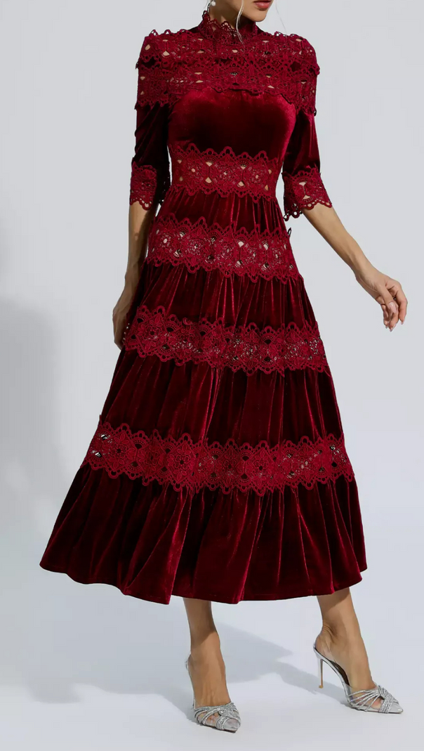 AIIZIE HOLLOW PATCHWORK VELVET DRESS IN RED - product image
