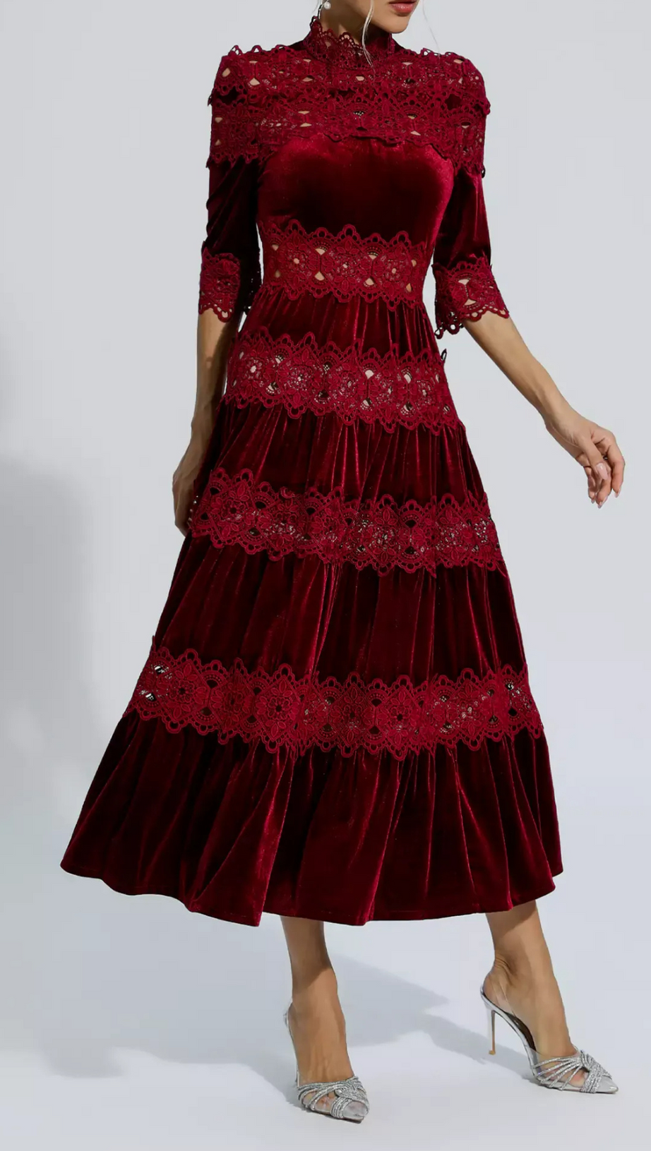 HOLLOW PATCHWORK VELVET DRESS IN RED
