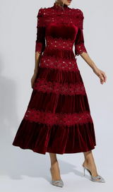 HOLLOW PATCHWORK VELVET DRESS IN RED