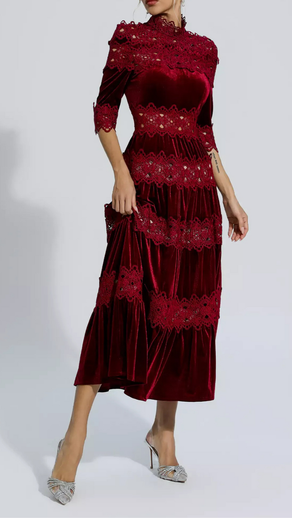 AIIZIE HOLLOW PATCHWORK VELVET DRESS IN RED - product image