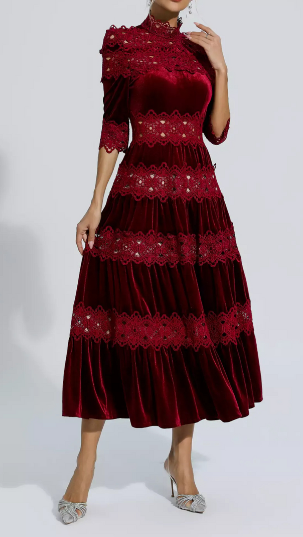 AIIZIE HOLLOW PATCHWORK VELVET DRESS IN RED - product image