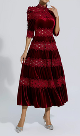 HOLLOW PATCHWORK VELVET DRESS IN RED