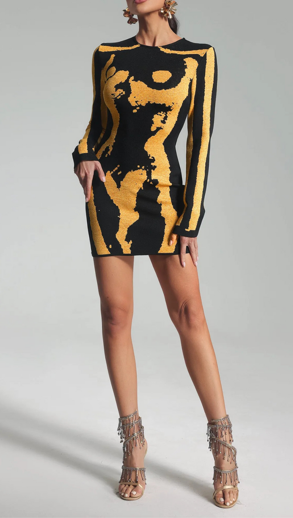 AIIZIE LONG SLEEVE SPARKLY DRESS BLACK GOLD - product image