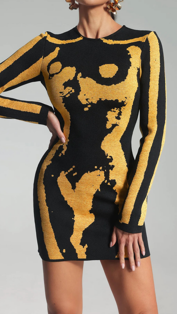 AIIZIE LONG SLEEVE SPARKLY DRESS BLACK GOLD - product image