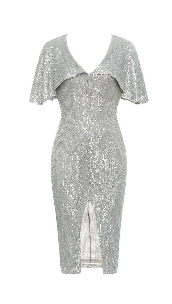 AIIZIE V-NECK SILVER SEQUIN SLIT BODYCON DRESS - product image