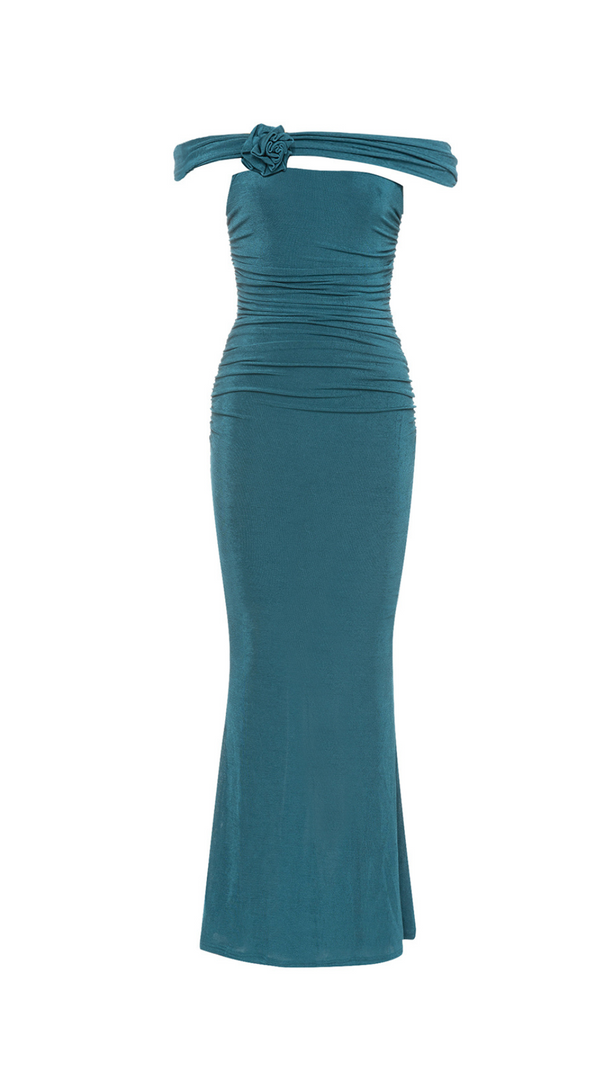 AIIZIE OFF SHOULDER RUCHED MERMAID HEM GLITTER DRESS - product image