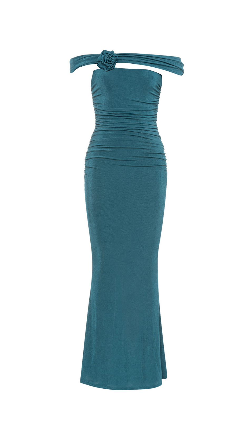 OFF SHOULDER RUCHED MERMAID HEM GLITTER DRESS