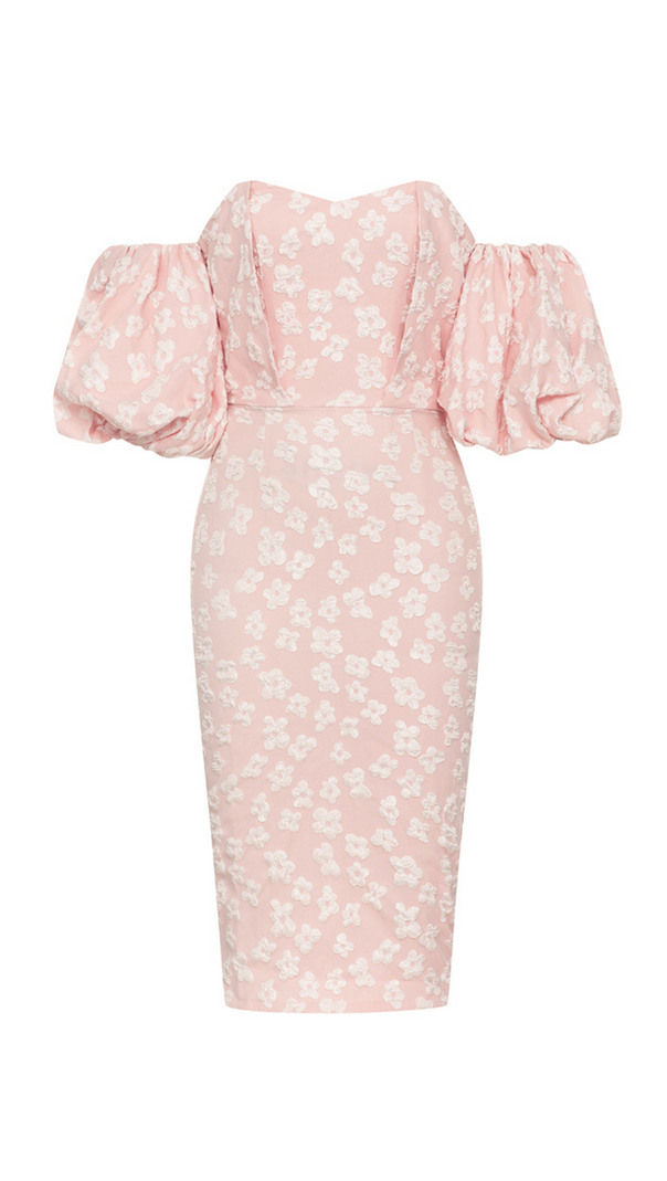 AIIZIE PUFF SLEEVE BARDOT FLORAL DRESS PINK - product image