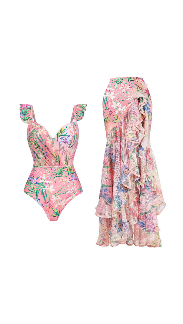 AIIZIE RUFFLE TRIM ONE PIECE SWIMSUIT SET - product image