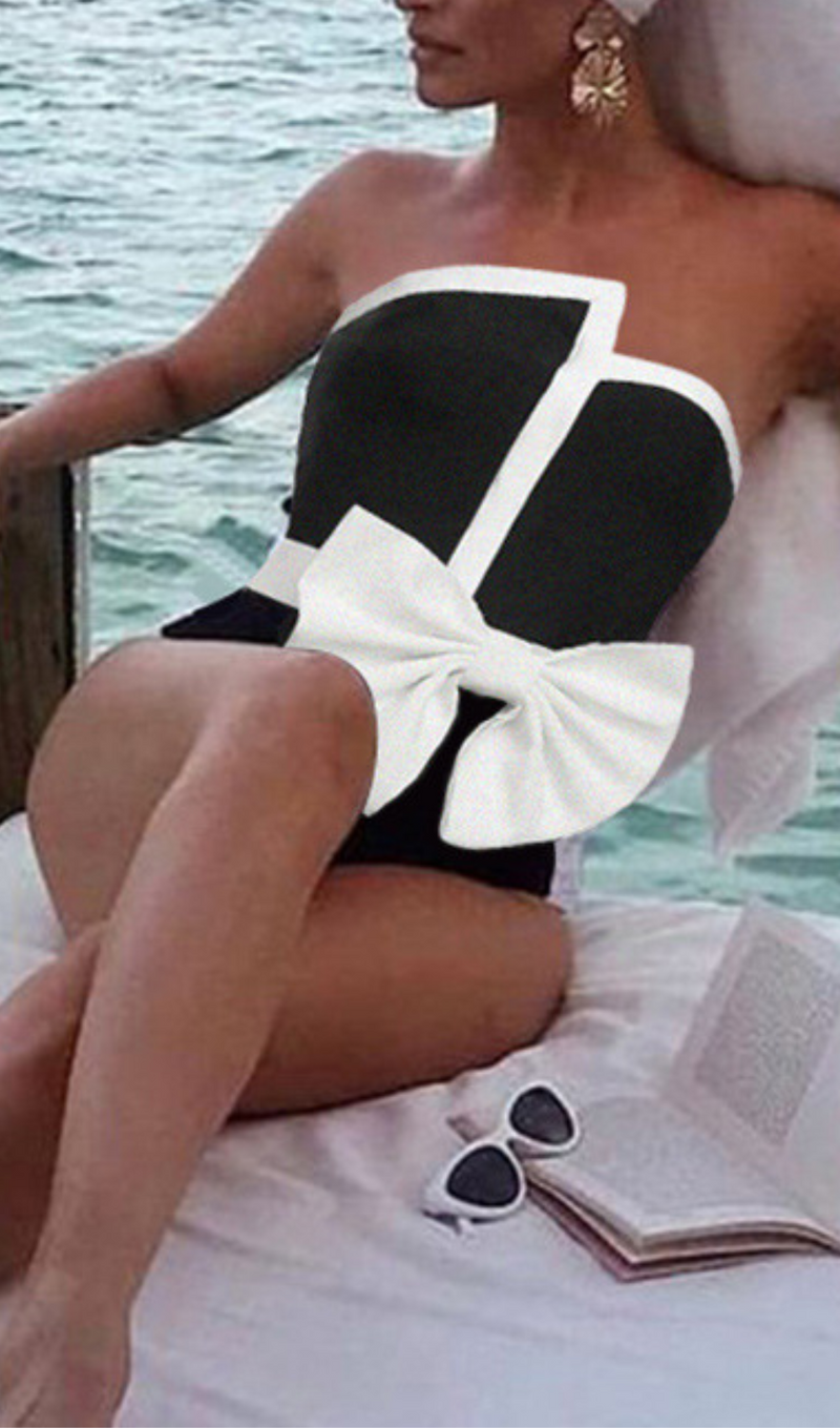 OFF SHOULDER BOW TIE ONE PIECE SWIMSUIT