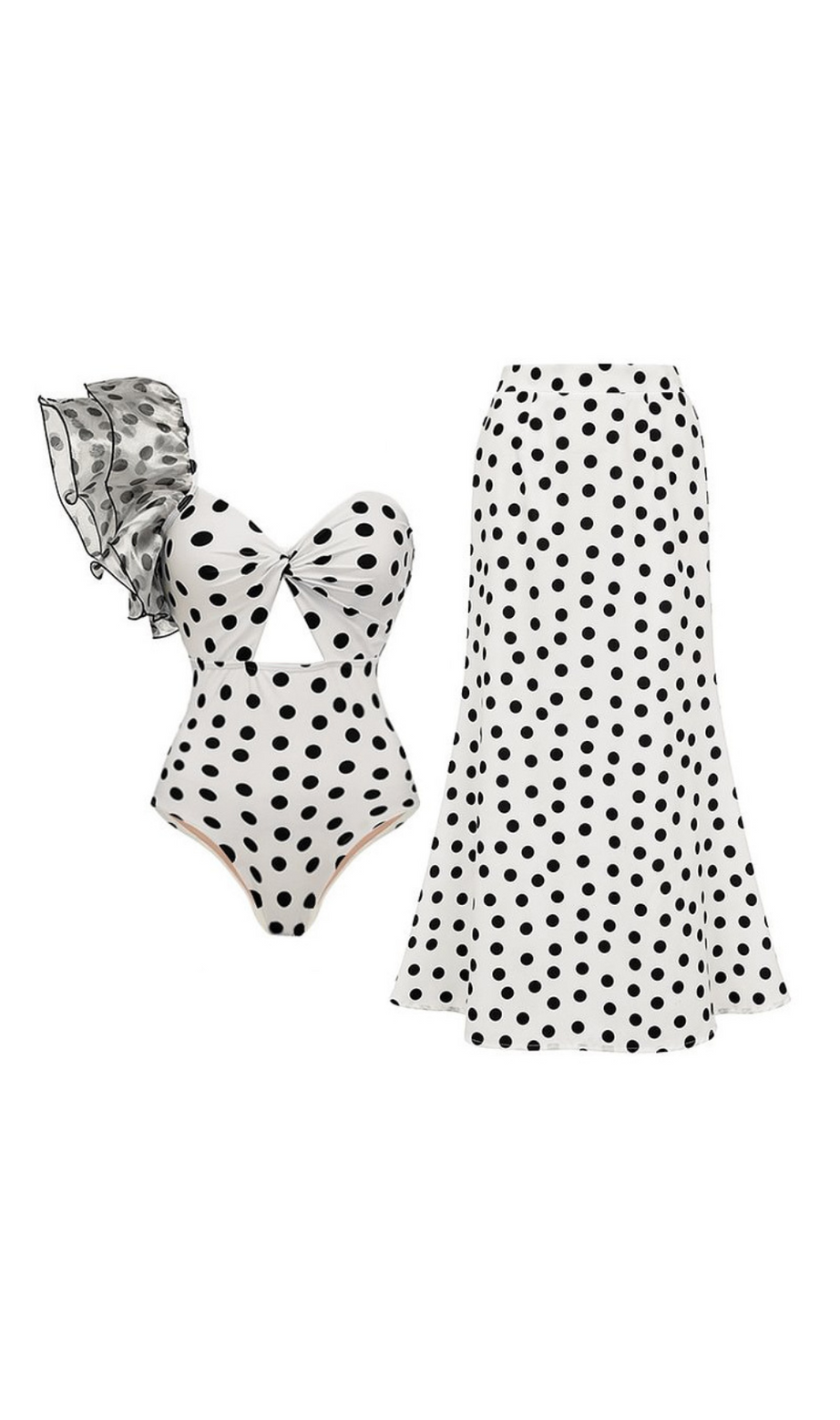 COMPLETO COSTUME DA BAGNO MONOSPALLA CON VOLANT E POIS