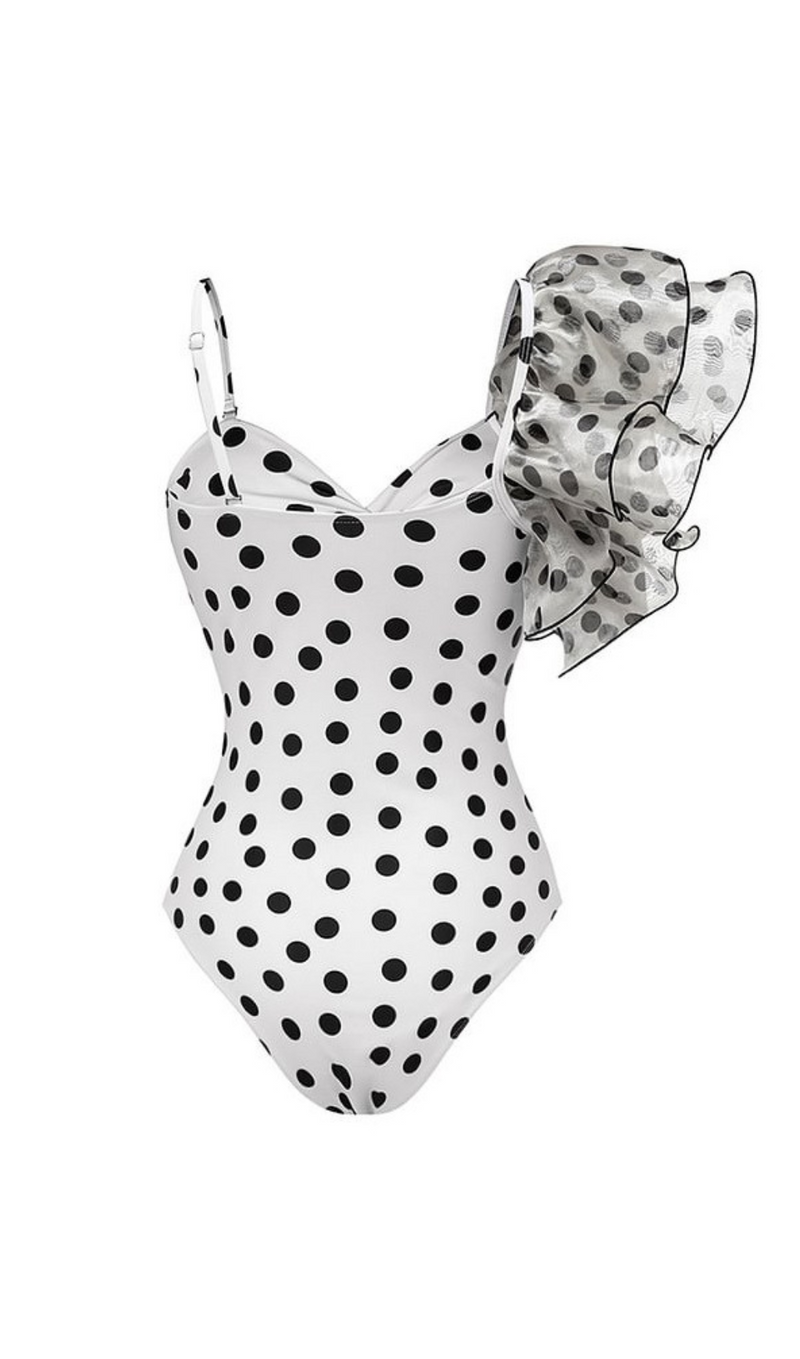 ONE-SHOULDER RUFFLES POLKA DOTS SWIMWEAR