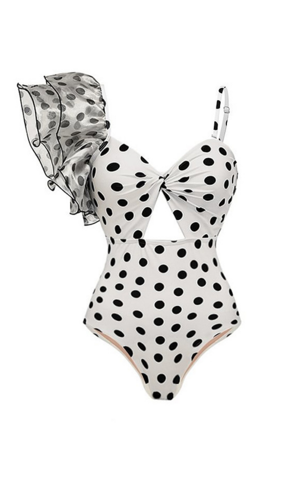 COSTUME DA BAGNO MONOSPALLA CON VOLANT E POIS