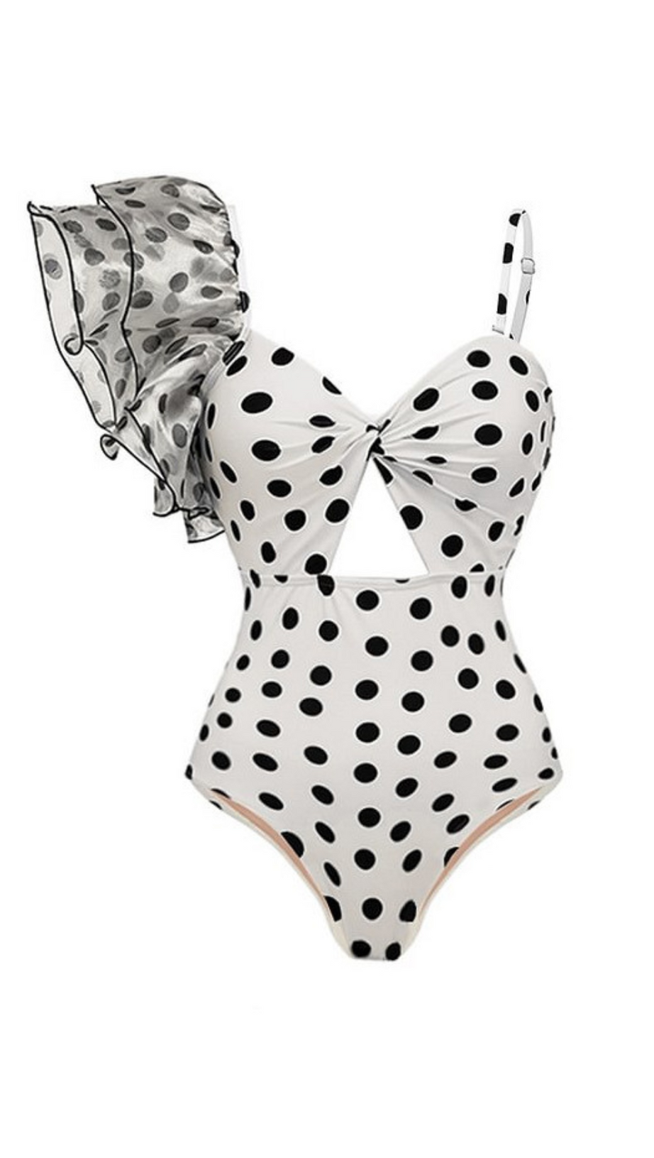ONE-SHOULDER RUFFLES POLKA DOTS SWIMWEAR