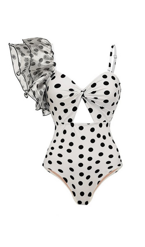 ONE-SHOULDER RUFFLES POLKA DOTS SWIMWEAR