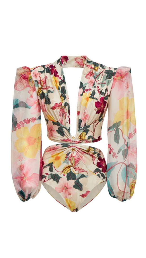 AIIZIE LONG SLEEVE CUTOUT FLORAL PRINT ONE PIECE SWIMSUIT - product image