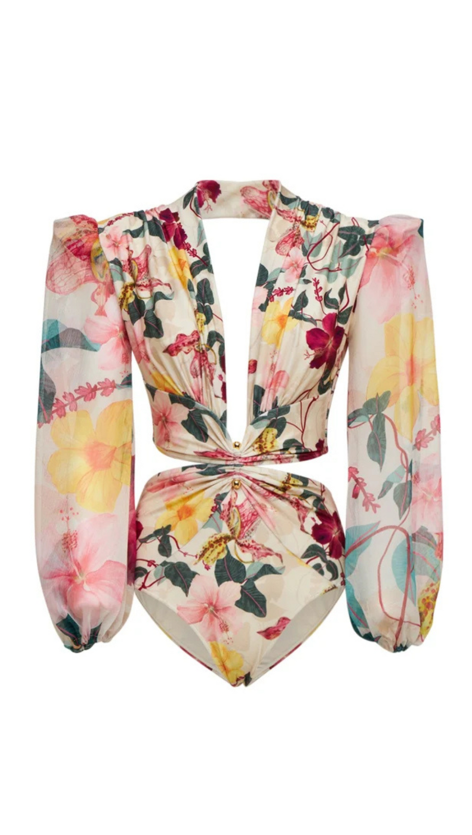 COSTUME DA BAGNO INTERO A MANICHE LUNGHE CON STAMPA FLOREALE E TAGLIO