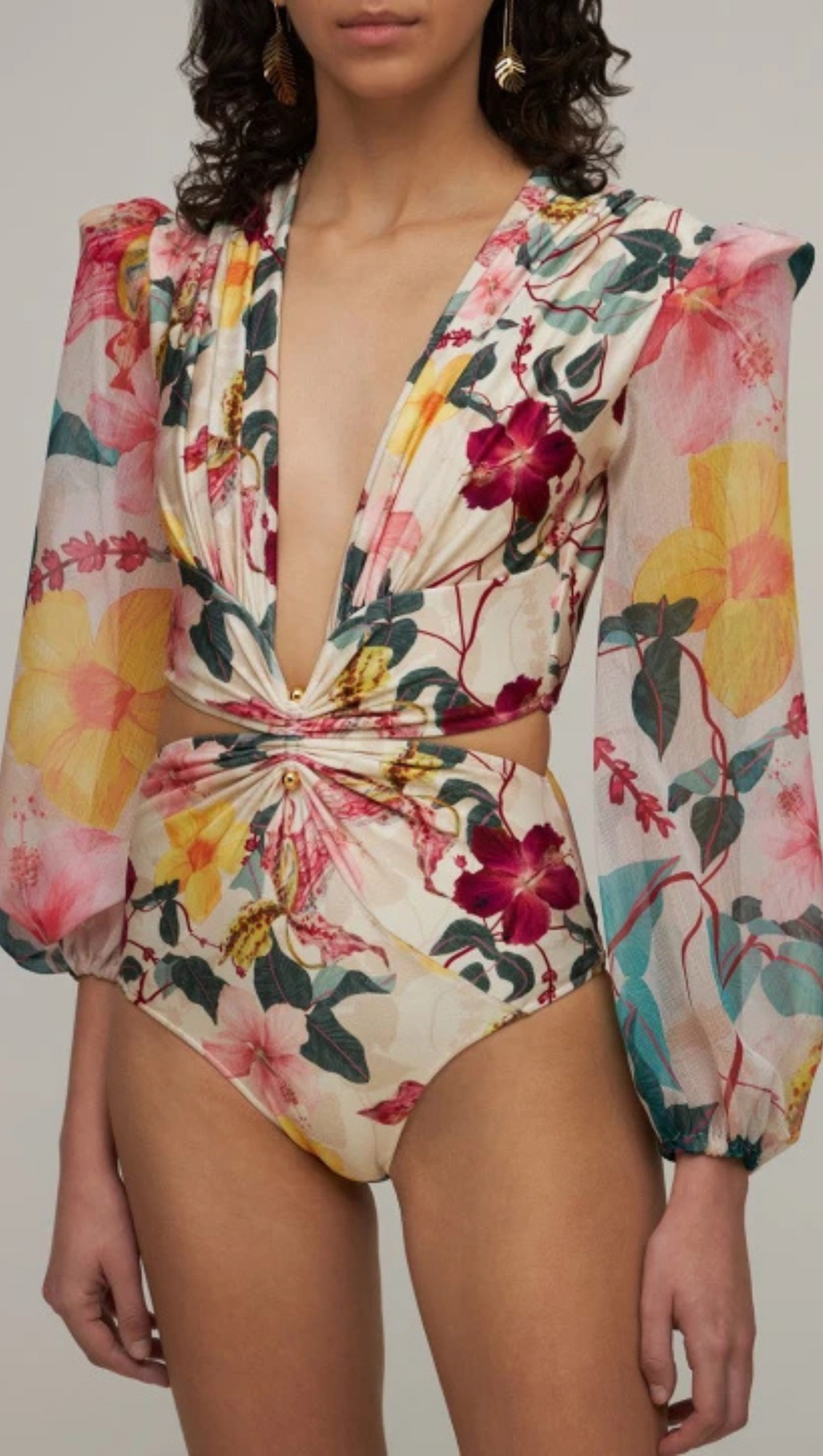 LONG SLEEVE CUTOUT FLORAL PRINT ONE PIECE SWIMSUIT