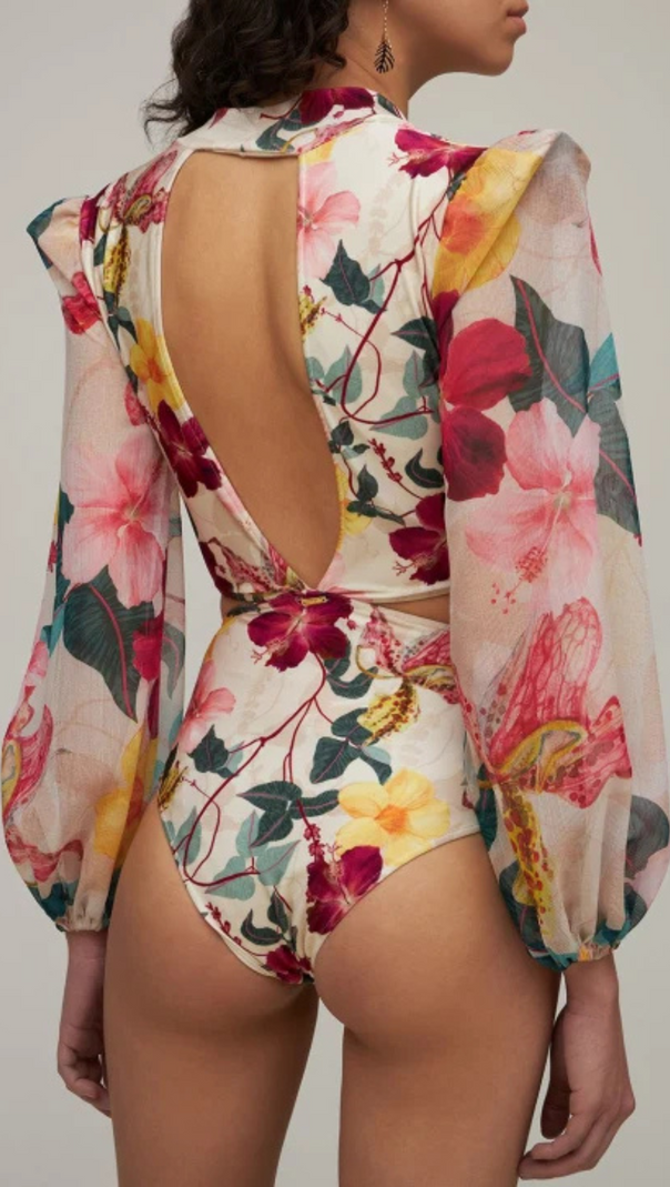 AIIZIE LONG SLEEVE CUTOUT FLORAL PRINT ONE PIECE SWIMSUIT - product image