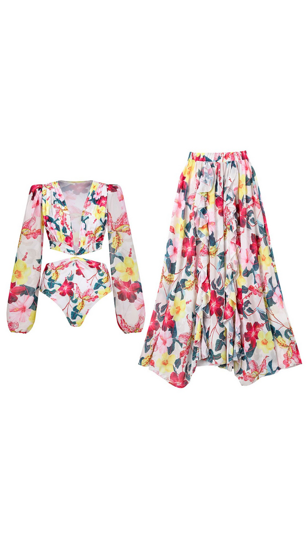 AIIZIE LONG SLEEVE CUTOUT FLORAL PRINT ONE PIECE SWIMSUIT SET - product image