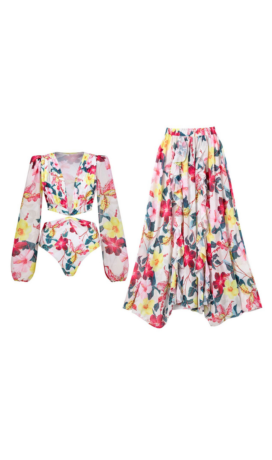 Langärmliges Badeanzug-Set mit Blumenmuster und Cut-outs