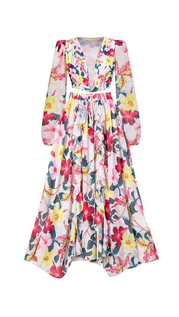AIIZIE LONG SLEEVE CUTOUT FLORAL PRINT ONE PIECE SWIMSUIT SET - product image