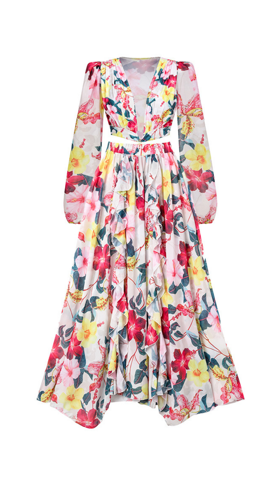 LONG SLEEVE CUTOUT FLORAL PRINT ONE PIECE SWIMSUIT SET