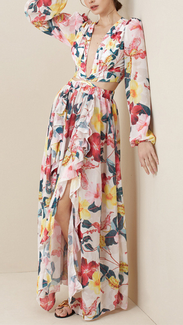 AIIZIE LONG SLEEVE CUTOUT FLORAL PRINT ONE PIECE SWIMSUIT SET - product image