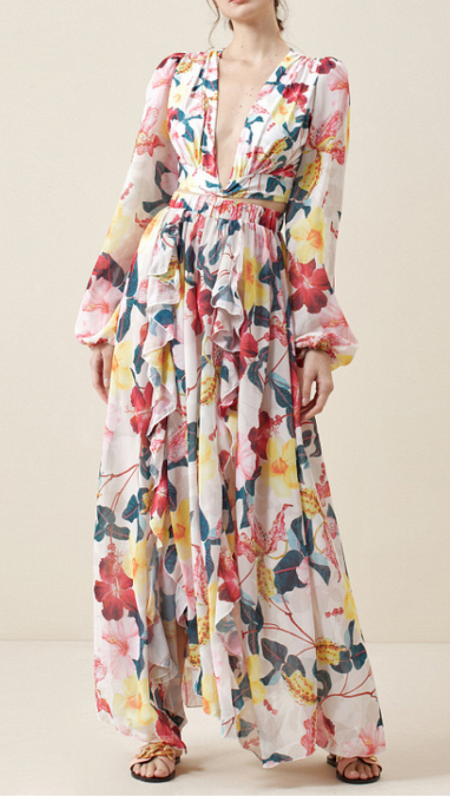 LONG SLEEVE CUTOUT FLORAL PRINT ONE PIECE SWIMSUIT SET