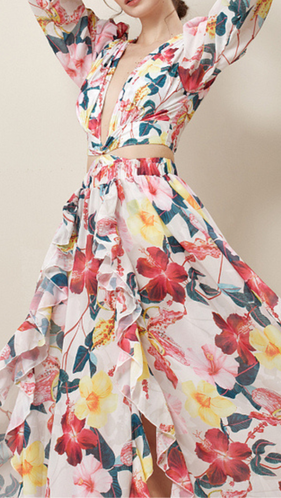 LONG SLEEVE CUTOUT FLORAL PRINT ONE PIECE SWIMSUIT SET