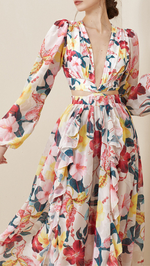 AIIZIE LONG SLEEVE CUTOUT FLORAL PRINT ONE PIECE SWIMSUIT SET - product image
