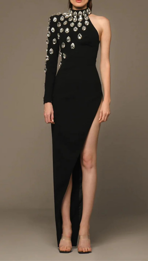 AIIZIE ONE-SHOULDER CRYSTAL LONG-SLEEVED LEG-EXPOSED BLACK DRESS - product image