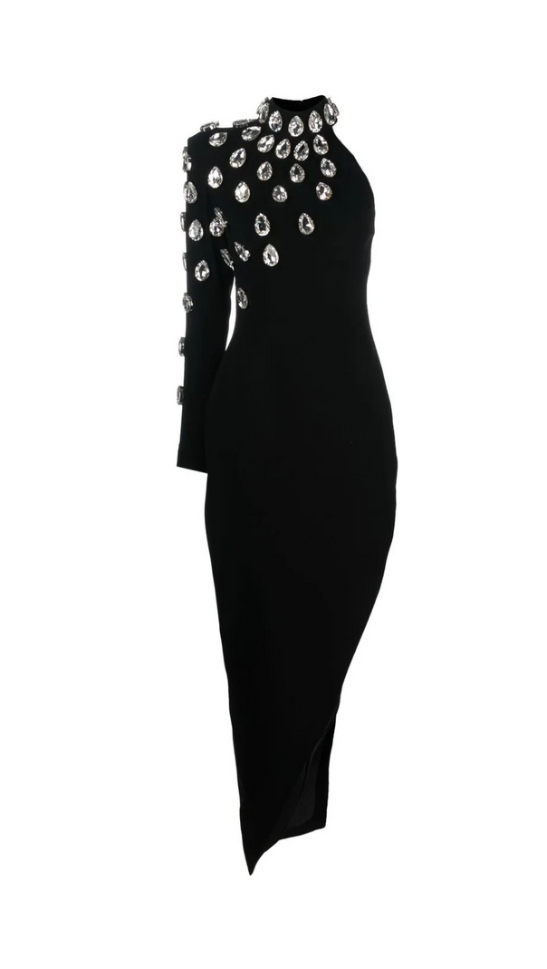 AIIZIE ONE-SHOULDER CRYSTAL LONG-SLEEVED LEG-EXPOSED BLACK DRESS - product image