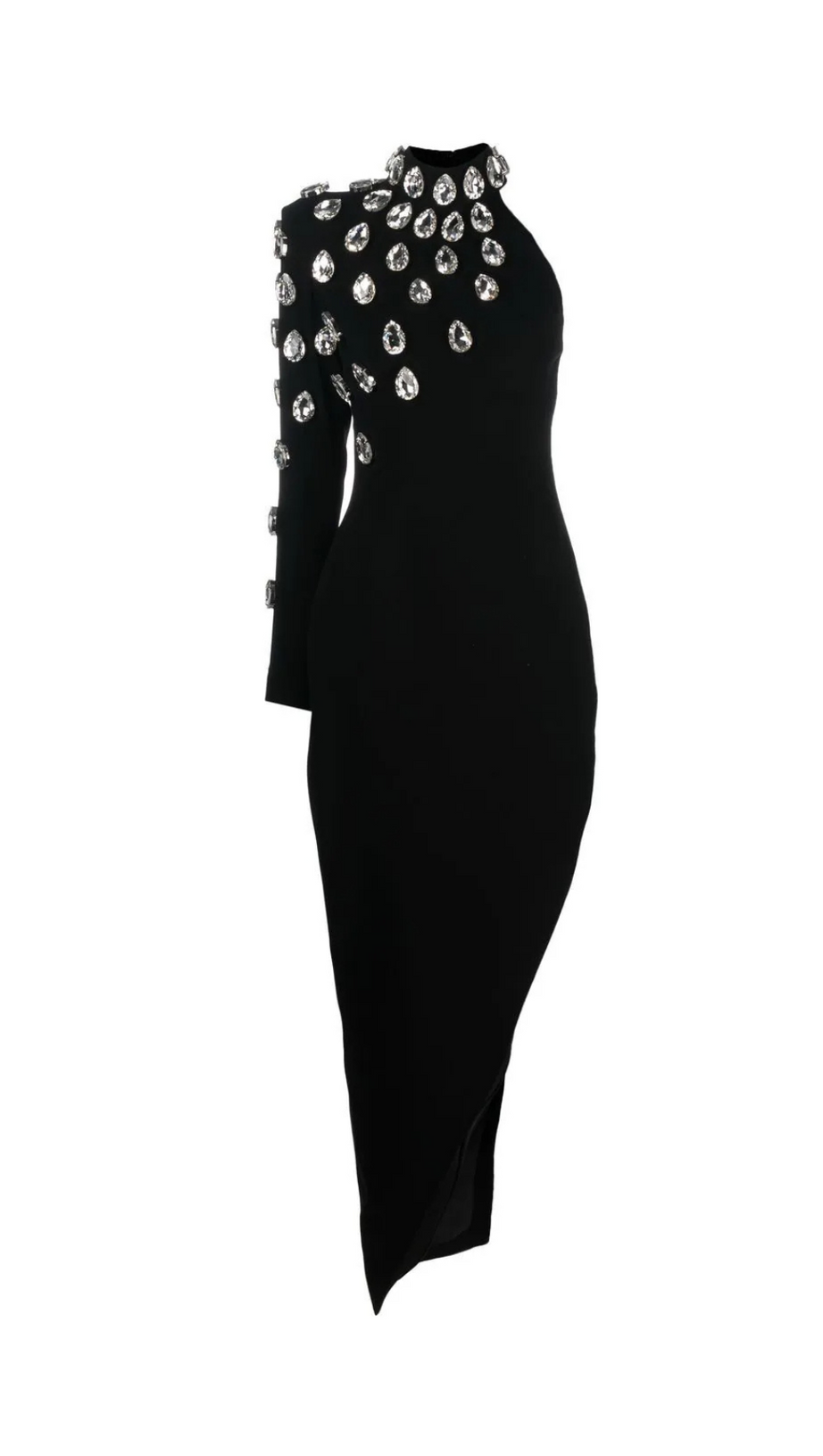 ONE-SHOULDER CRYSTAL LONG-SLEEVED LEG-EXPOSED BLACK DRESS