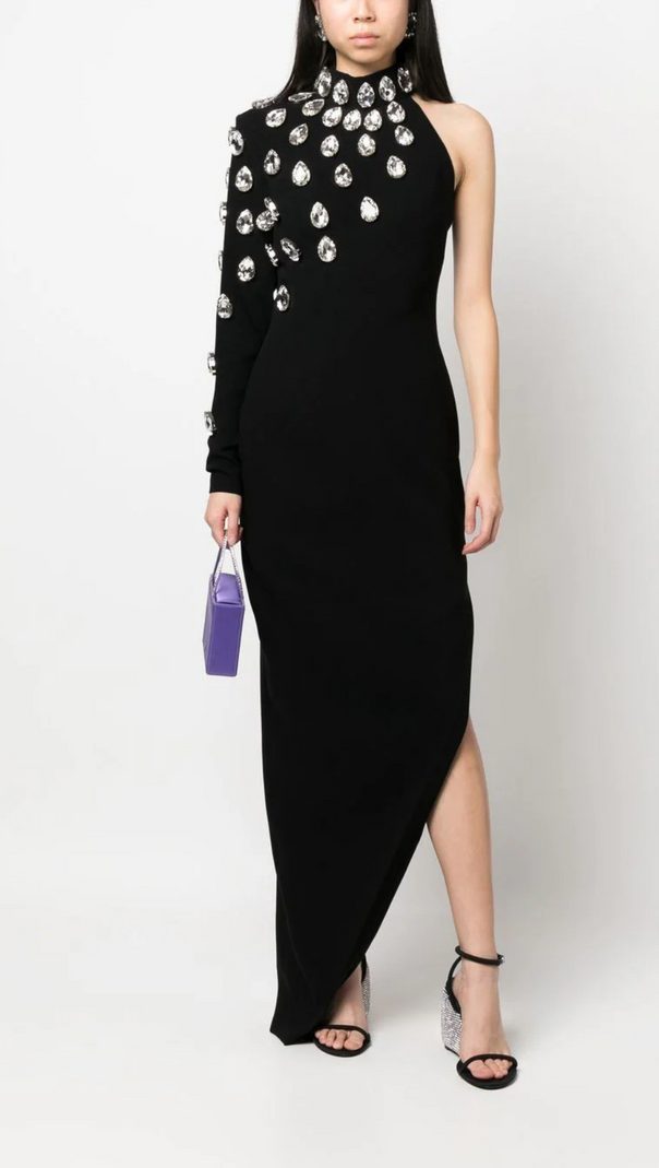 AIIZIE ONE-SHOULDER CRYSTAL LONG-SLEEVED LEG-EXPOSED BLACK DRESS - product image