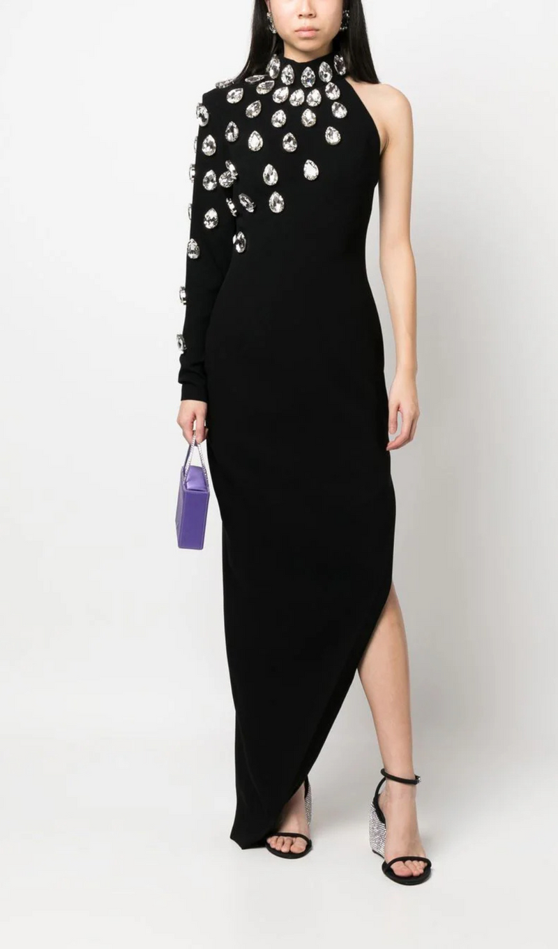 ONE-SHOULDER CRYSTAL LONG-SLEEVED LEG-EXPOSED BLACK DRESS