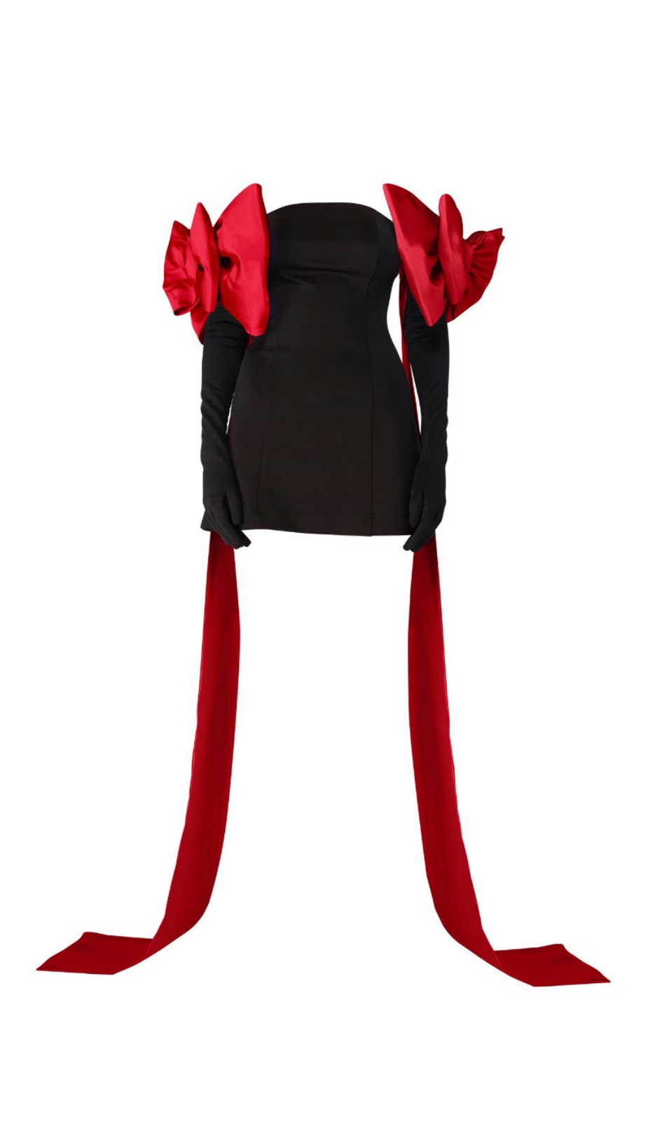 BLACK CUPID DRESS WITH RED TRAIN BOW GLOVES