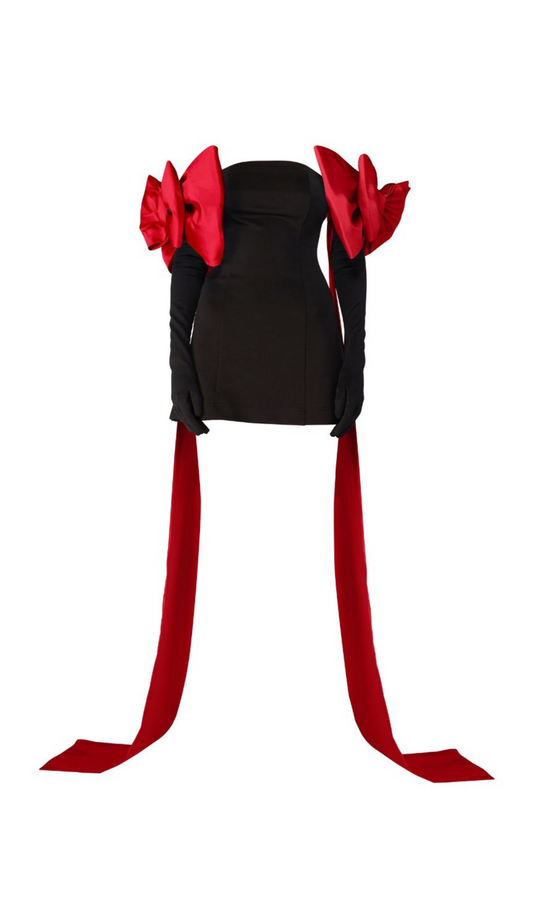 AIIZIE BLACK CUPID DRESS WITH RED TRAIN BOW GLOVES - product image