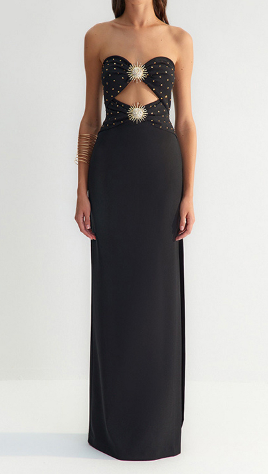 OFF-SHOULDER CRYSTAL CUTOUT BANDAGE DRESS IN BLACK